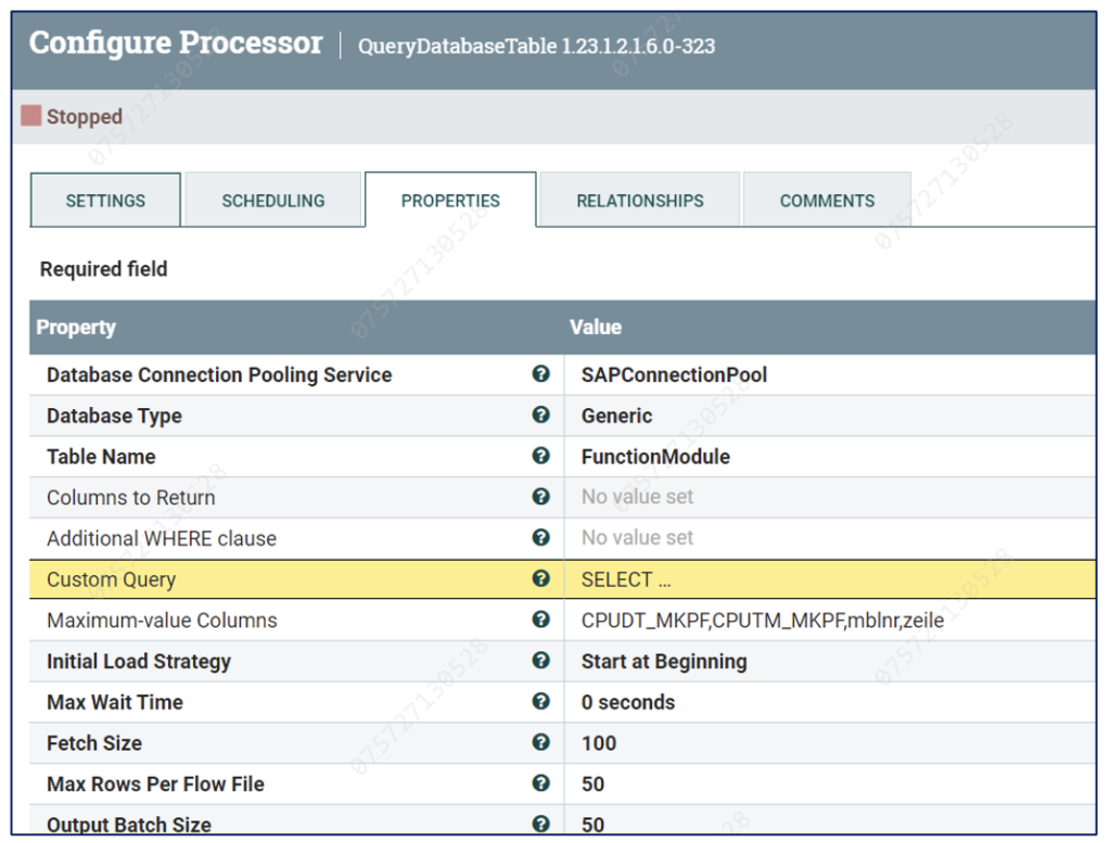 How to use QueryDatabaseTable to fetch An SAP Table