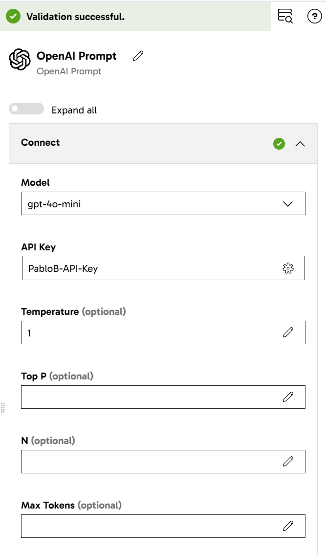 Open AI prompt component settings